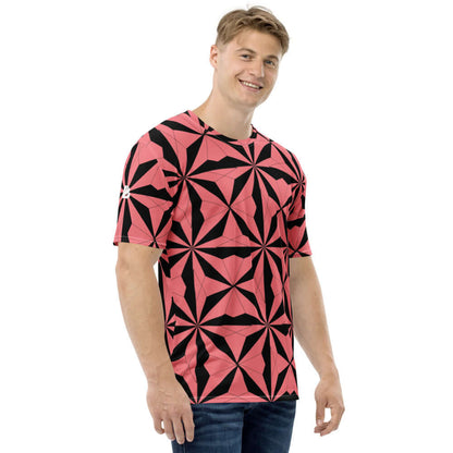 Man wearing Herren-T-Shirt N°14, featuring a geometric red and black design, showcasing four-way stretch and comfortable fit.