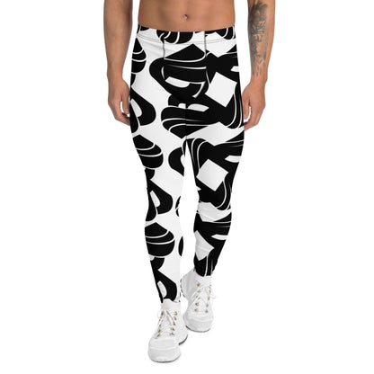 Model wearing Herren-Leggings N°5 with black and white graphic print, featuring four-way stretch for optimal performance and comfort.