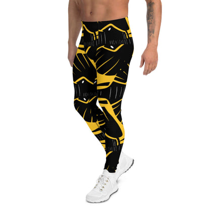 Model wearing Herren-Leggings N°3 in bold yellow and black design, showcasing four-way stretch fabric perfect for versatile activities.