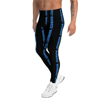 Model wearing Herren-Leggings N°4 in black with blue text pattern, showcasing four-way stretch fabric ideal for various activities.