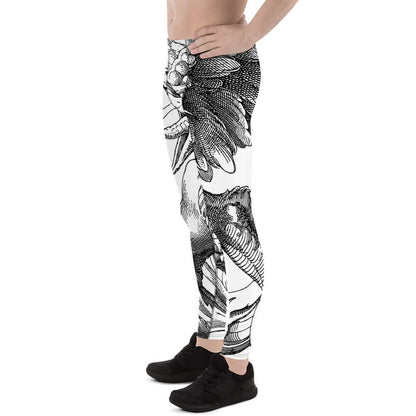 Side view of a man wearing Herren-Leggings N°7 with black and white graphic design, showcasing comfort and flexibility.