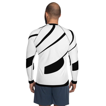 Back view of Herren-Rash-Guard N°0 in white and black design, long sleeves, worn by a person, showcasing ergonomic seams and stretchy fabric.