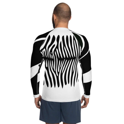 Back view of a man wearing a Herren-Rash-Guard N°2 with a black and white zebra pattern, designed for sun and weather protection.