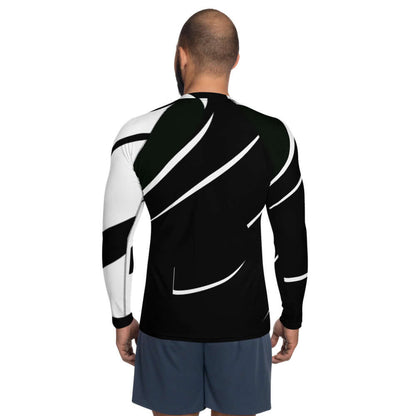 Herren-Rash-Guard N°3 in black and white, back view showing ergonomic design, ideal for protecting against sun, wind, and sand.