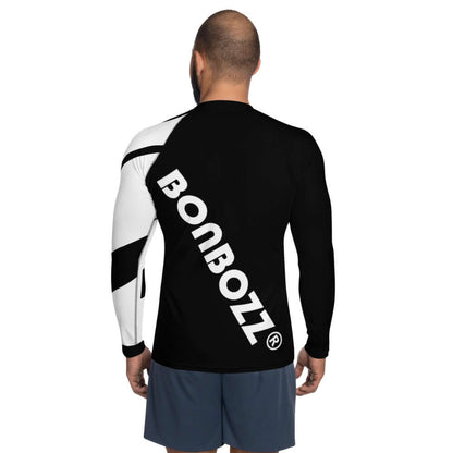 Rückansicht des Herren-Rash-Guard N°5 in Schwarz-Weiß, langärmlig, Schutz vor Sonne und Wind, ideal für sportliche Aktivitäten.