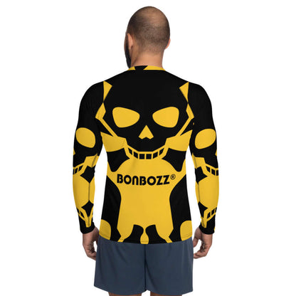 Back view of Herren-Rash-Guard N°8 with skull design for protection against sun and weather, featuring ergonomic seams and 4-way stretch fabric.