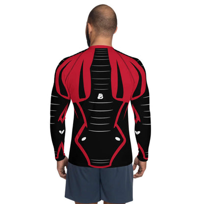 Back view of Herren-Rash-Guard N°9 in red and black design, showcasing ergonomic seams and long sleeves for sun protection during sports.