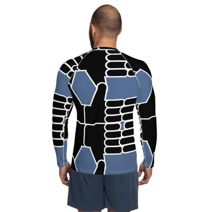 Back view of Herren-Rash-Guard N°12 with geometric blue and black design, long sleeves, ergonomic seams, and four-way stretch fabric.