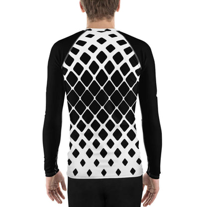 Herren-Rash-Guard N°15, black and white geometric design, long-sleeve for sun protection, ergonomic fit, back view