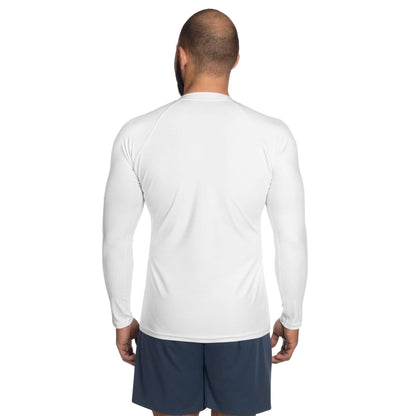 Back view of Herren-Rash-Guard N°28, long-sleeve white rash guard, ergonomic seams, worn by a man with navy shorts.