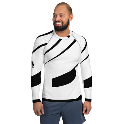 Man wearing Herren-Rash-Guard N°0, white with black accents, long sleeves and ergonomic seams, ideal for outdoor sports protection.