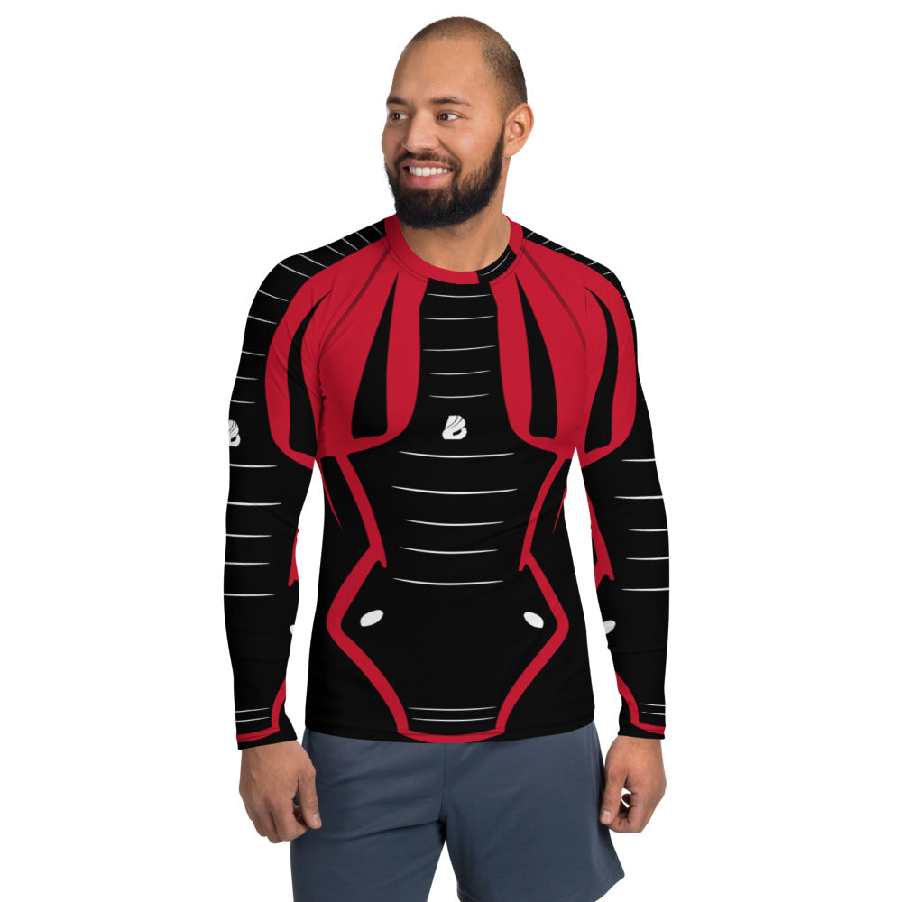 Herren-Rash-Guard N°9 in Schwarz und Rot, langärmlig mit ergonomischen Nähten für Sport und Schutz.