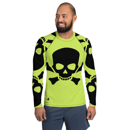 Herren-Rash-Guard N°14 with skull design, long-sleeve, in black and green, perfect for sports and protection against elements.