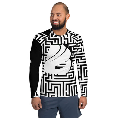 Herren-Rash-Guard N°23 versatile long-sleeve guard for sun, wind, sand protection in black and white geometric pattern; men's athletic gear.