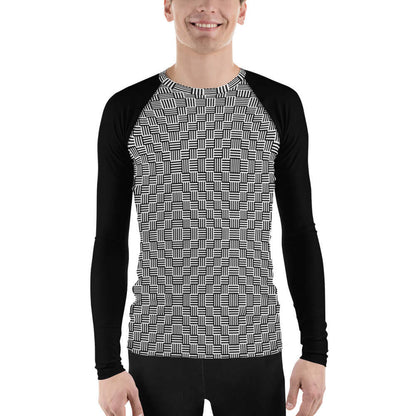 Man wearing Herren-Rash-Guard N°26, black and white pattern, long sleeves, designed for weather protection and comfort during sports.