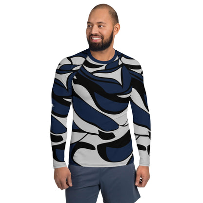 Herren-Rash-Guard N°27 with abstract design, worn by man outdoors.