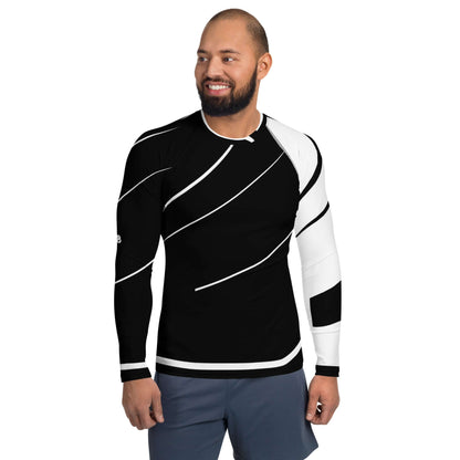 Herren-Rash-Guard N°29 in action, long-sleeve black and white design with ergonomic seams, ideal for sports and outdoor activities.