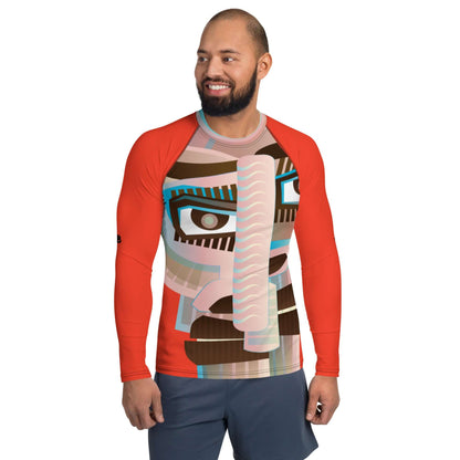 Herren-Rash-Guard N°30 with a vibrant abstract face design, long sleeves, worn by a man smiling, offers sun and wind protection for outdoor sports.