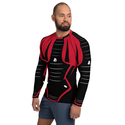 Model wearing Herren-Rash-Guard N°9 long-sleeve with ergonomic seams in red and black design, perfect for sun and weather protection.