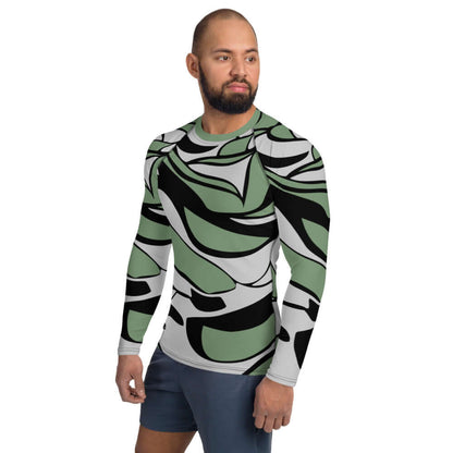 Herren-Rash-Guard N°11: Versatile long-sleeve rash guard for sun, wind, and sand protection, featuring unique green, black, and white design.