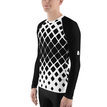 Herren-Rash-Guard N°15 with black and white geometric pattern, long sleeves, and ergonomic seams for outdoor protection.