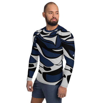 Herren-Rash-Guard N°27 long-sleeve in abstract blue and black pattern, worn by a male model for sports and protection.