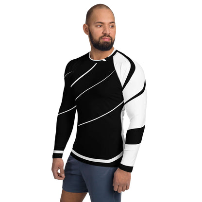 Man wearing Herren-Rash-Guard N°29 black and white long-sleeved shirt, ideal for sun and weather protection during sports.