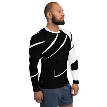Herren-Rash-Guard N°3 langärmeliger Schutz vor Sonne, Wind, Sand und Wetter, ergonomisch geschnitten mit flachen Nähten, schwarz-weißes Design