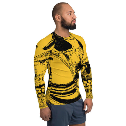 Man wearing Herren-Rash-Guard N°6, yellow and black long-sleeve, providing protection from sun and weather during outdoor sports.