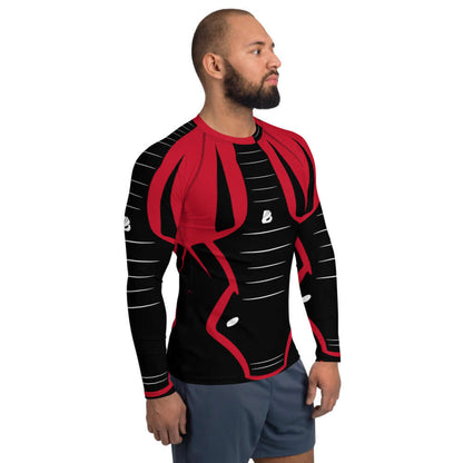 Model wearing Herren-Rash-Guard N°9 in red and black, long sleeves, sporty design, ideal for sun and wind protection.
