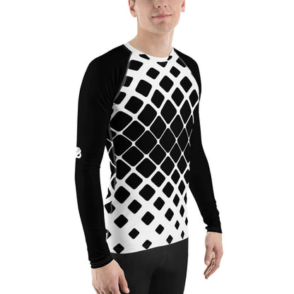 Stylish Herren-Rash-Guard N°15 with black and white pattern, offering sun, wind, and sand protection for outdoor sports.