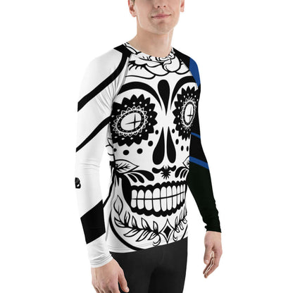 Herren-Rash-Guard N°20 with Day of the Dead design protecting from sun and weather, long sleeves, ergonomic fit, black and white.