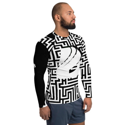 Herren-Rash-Guard N°23 in black and white geometric design, long-sleeve, comfortable fit for protection against sun and wind while sporting.
