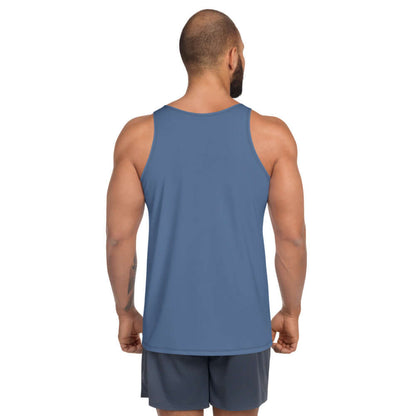 Back view of model wearing Unisex Tank-Top N°1 in blue, showcasing soft material and relaxed fit