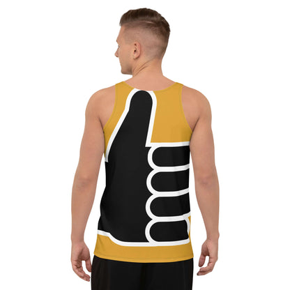 Back view of a man wearing a Unisex Tank-Top N°4 with bold thumb design, featuring vibrant colors and a relaxed fit for comfort.