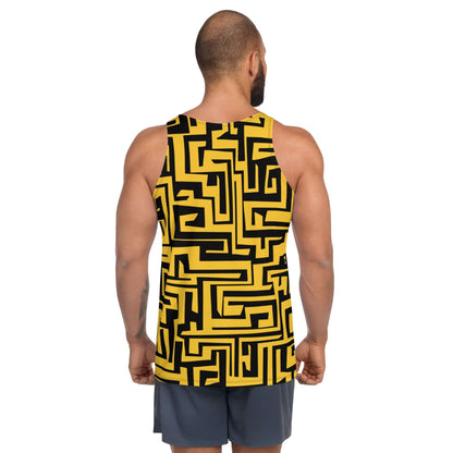 Unisex Tank-Top N°5 with vibrant geometric pattern in yellow and black, showing back view on male model.