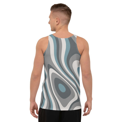 Rear view of a model wearing Unisex Tank-Top N°8, featuring vibrant colors and a relaxed fit design.