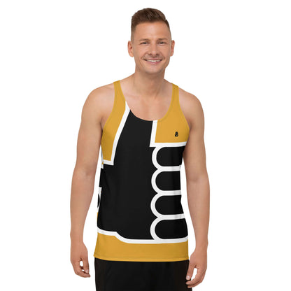 Man wearing Unisex Tank-Top N°4 with vibrant colors and relaxed fit, made of soft, stretchy 95% polyester and 5% elastan material.