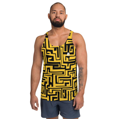 Model wearing Unisex Tank-Top N°5 with geometric yellow and black pattern, showcasing lightweight and stretchy material for comfort.