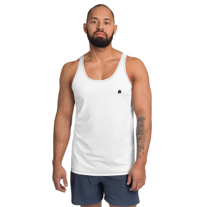 Unisex Tank-Top N°7 in white, modeled by a person standing, highlighting vibrant color and soft material.