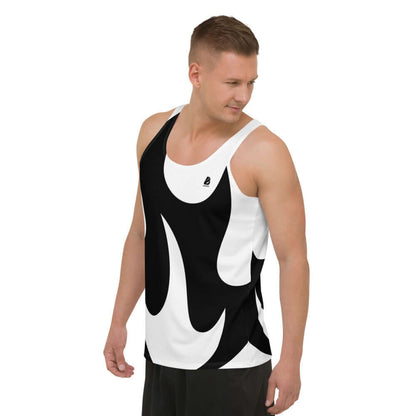 Unisex Tank-Top N°0 featuring bold black and white design, worn by model showcasing vibrant colors and relaxed fit.