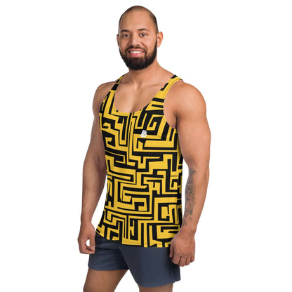 Unisex Tank-Top N°5 with bright colors and relaxed fit, featuring a geometric pattern, worn by a model.