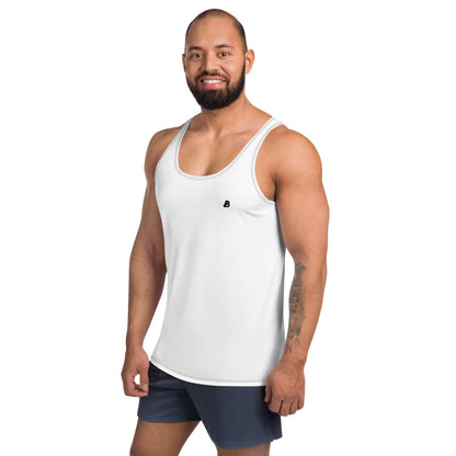 Man wearing Unisex Tank-Top N°7 with white fabric, showcasing relaxed fit and vibrant colors, ideal for casual and sporty looks.