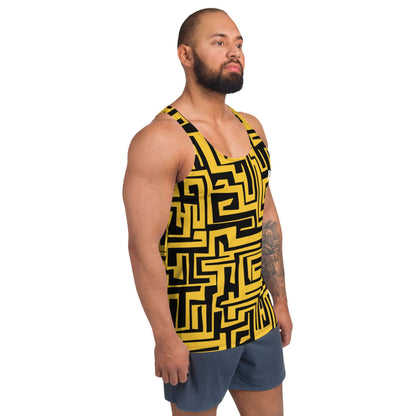 Man wearing Unisex Tank-Top N°5 with bold geometric pattern in yellow and black, showing vibrant colors and relaxed fit.