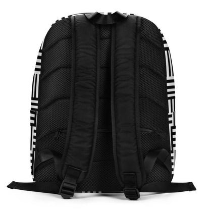 Back view of Minimalistischer Rucksack N°4 with padded straps and hidden zipper feature on a black and white design.