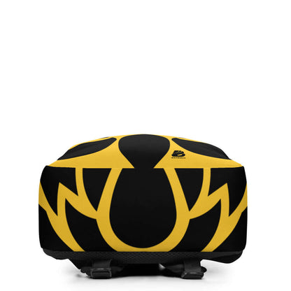 Bottom view of a black and yellow abstract design on a backpack