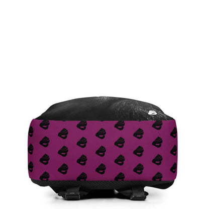 Stylish backpack with purple lip pattern design, front view. Perfect for fashion-forward individuals seeking unique accessories.