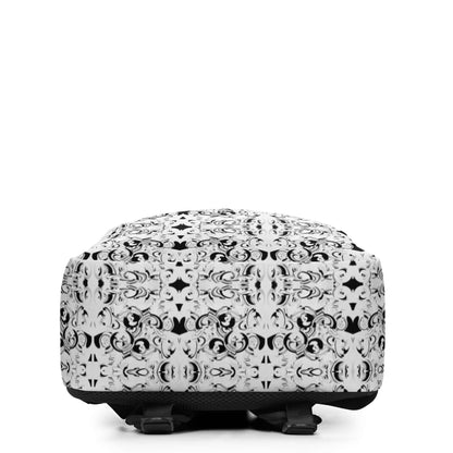 Minimalistischer Rucksack N°15 with spacious interior and hidden compartment, featuring black and white abstract pattern.
