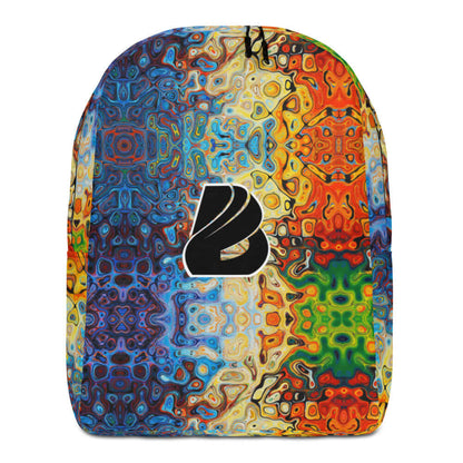 Colorful artistic backpack with abstract pattern, featuring a black and white logo on the front.