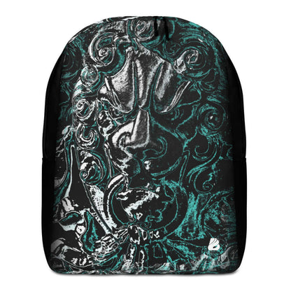 Minimalistischer Rucksack N°9 with artistic black and teal design, featuring laptop compartment and hidden back pocket for valuables.